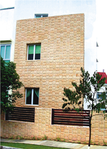 Natural Color & Texture to allow your home to blend/harmonize with the surroundings -- Golden Cream & Peach Colors Rockface Sandblast Brick Tile Private Housing Exterior Project in Singapore